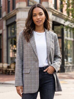 Prologue Gray Blue Plaid Single Button Notch Lapel Blazer M